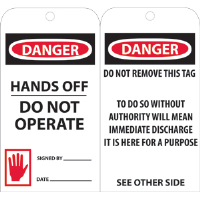 National Marker RPT33 Danger Hands Off Do Not Operate Tags, 25/Pk.
