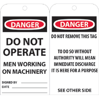 National Marker RPT4 Danger Do Not Operate Men Working Tags, 25/Pk.